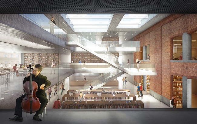Impressie van het interieur van de nieuwe stadsbibliotheek in Aalst.